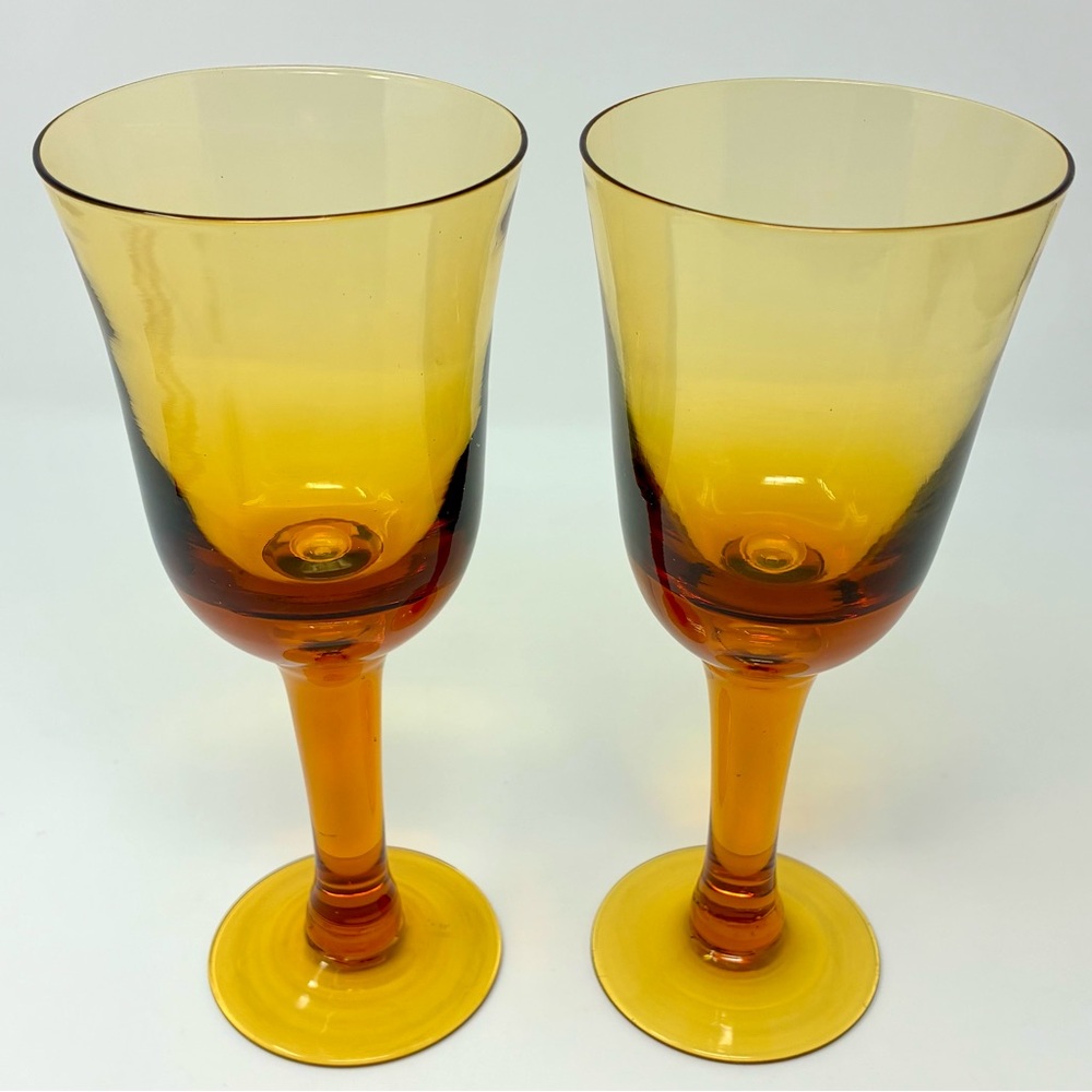 Vintage Amber Colored Footed Wine Water Goblets Hand Blown Glass Barware Retro